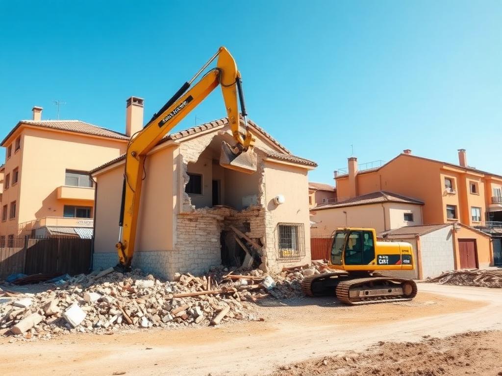Demolición de una vivienda con excavatora en zona urbana